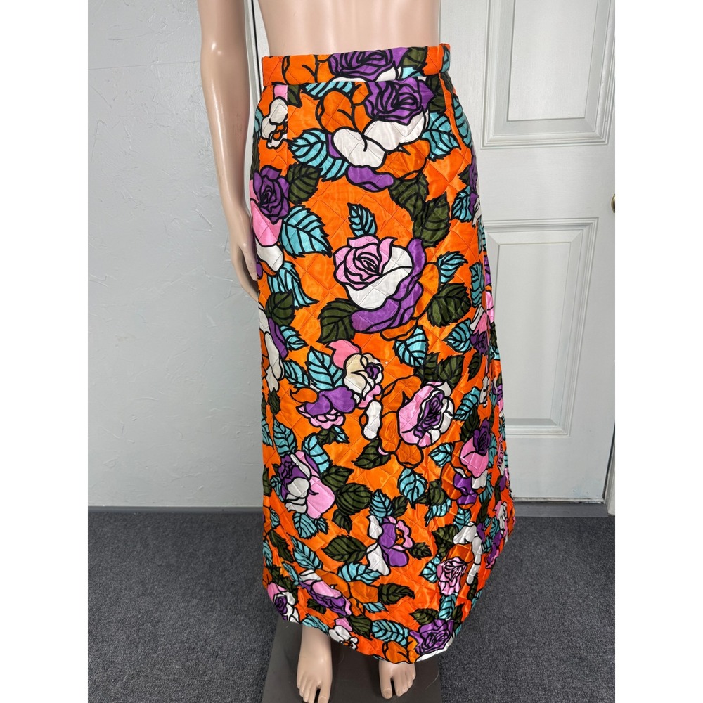 Vintage 70s Byer California Womens Skirt 9/10 Floral Satin Quilted Retro Maxi U8